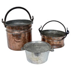 2 Large Antique Hammered Brass Pots With Cast Iron Swing Handles & Covered Pot