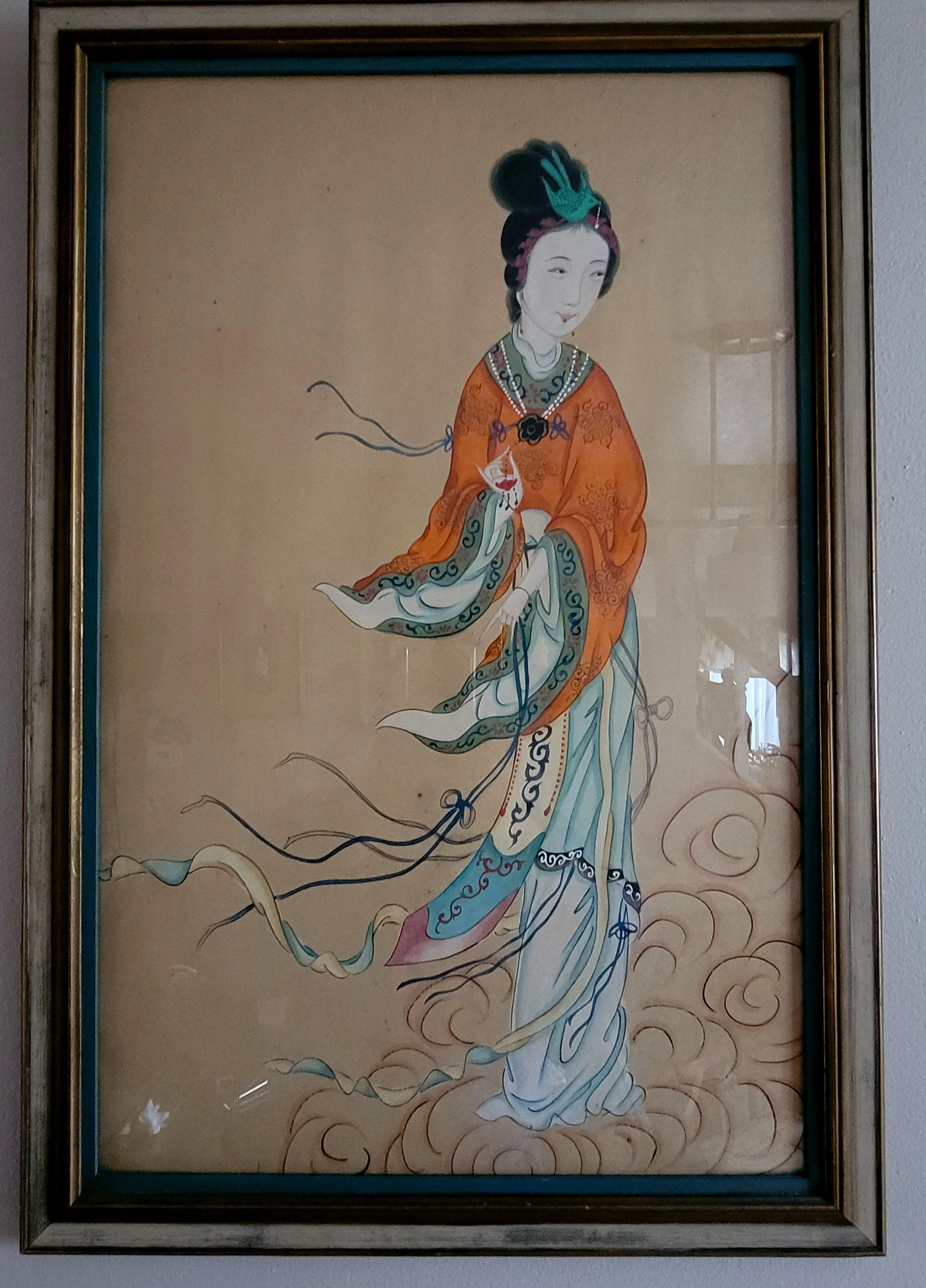 This listing is for a beautiful pair of 2 large Chinese Export Gouache (watercolor) Paintings on paper from the mid-19th century of the Qing Dynasty. They were painted in a delicate composition and the supper painting skill to create such beautiful