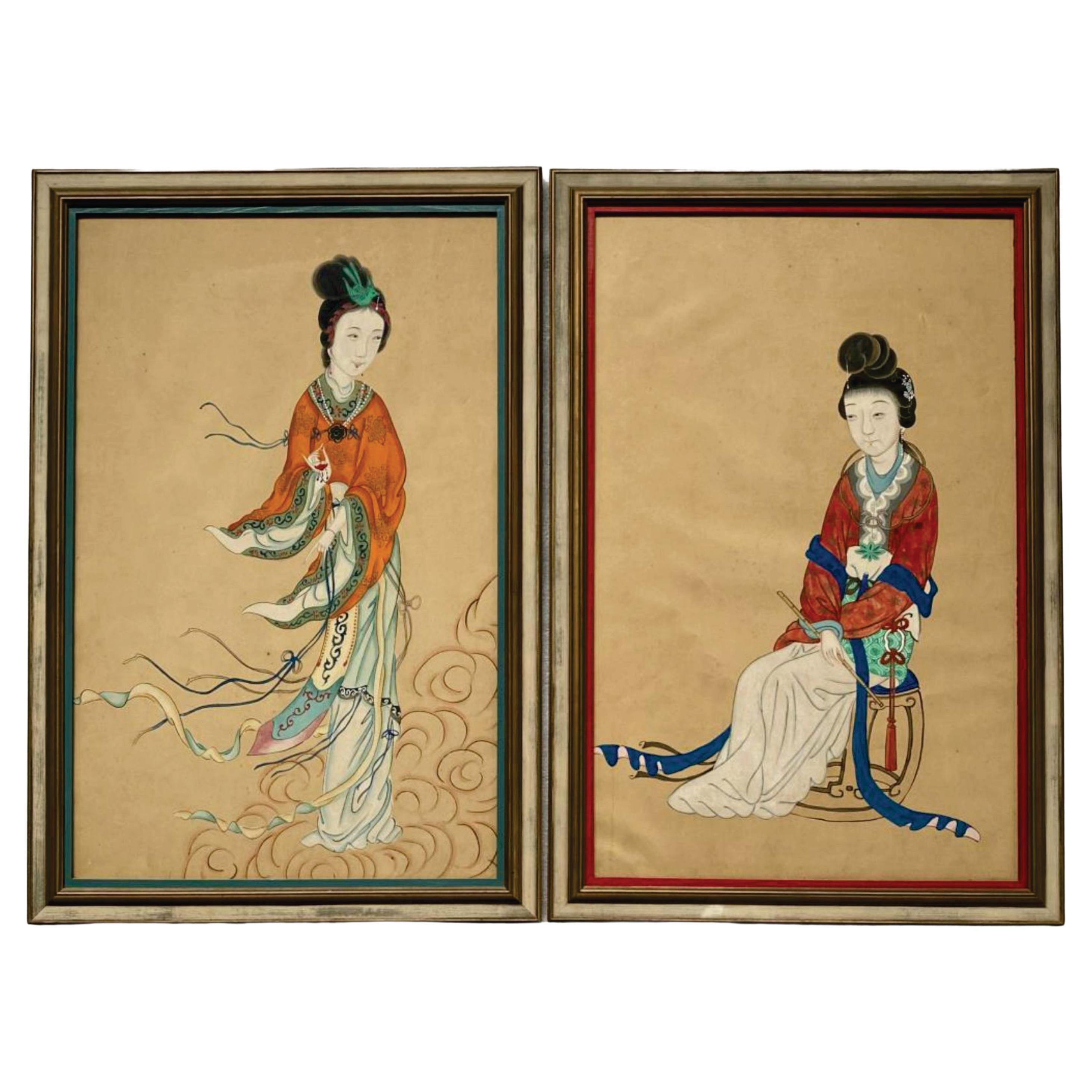 2 Large Chinese Export Gouache Paintings "The Beauties", 1840s For Sale