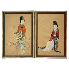 2 Large Chinese Export Gouache Paintings "The Beauties", 1840s