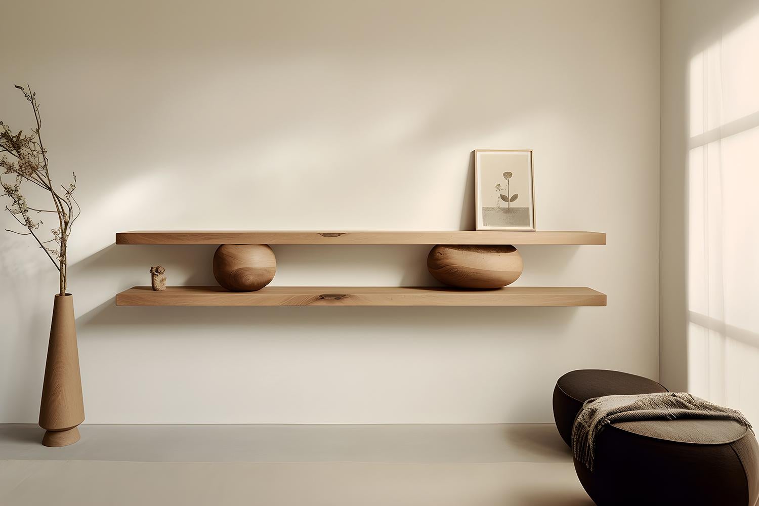 Set of Two Large Floating Shelves with Two Sculptural Wooden Pebble Accents in the Middle, Sereno by Joel Escalona

—

What happens when the practical becomes art?
What happens when ornamentation gains significance?

Those were the questions
