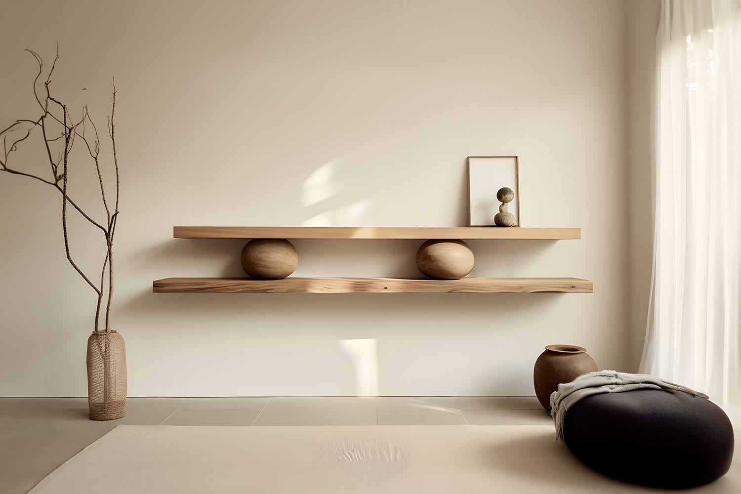 Mid-Century Modern 2 Large Floating Shelves with 2 Sculptural Wooden Pebble Sereno by Joel Escalona For Sale