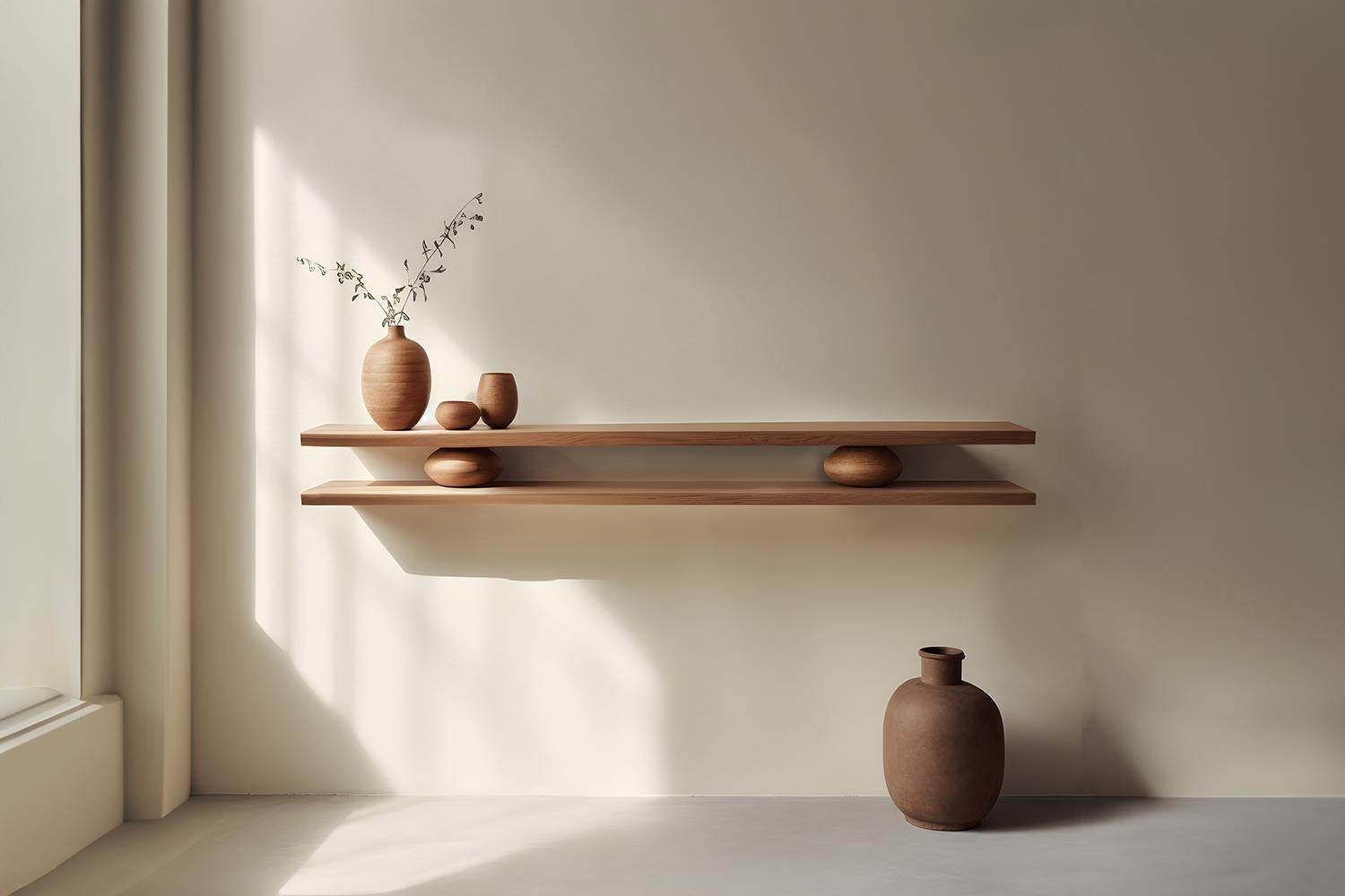 Veneer 2 Large Floating Shelves with 2 Sculptural Wooden Pebble Sereno by Joel Escalona For Sale