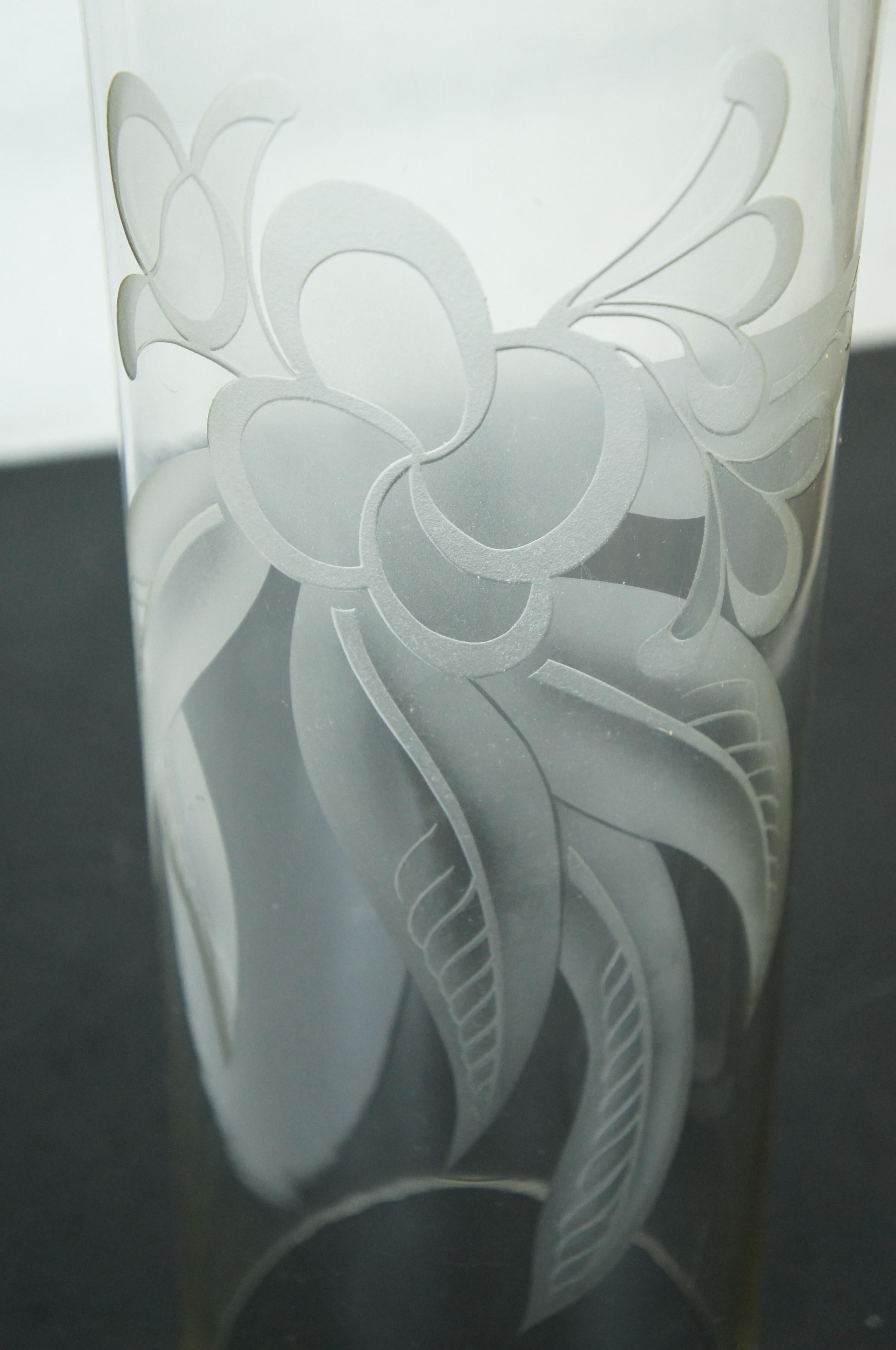2 Large Floral Etched Tall Glass Cylinder Hurricane Candle Shades 8