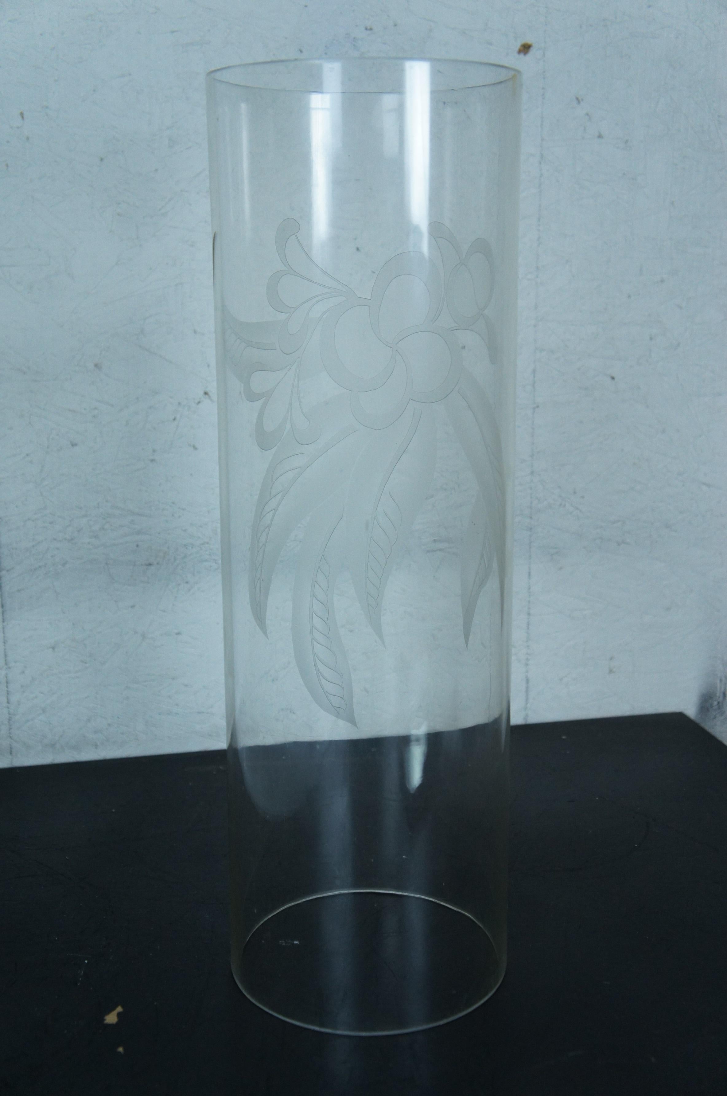 2 Large Floral Etched Tall Glass Cylinder Hurricane Candle Shades 8