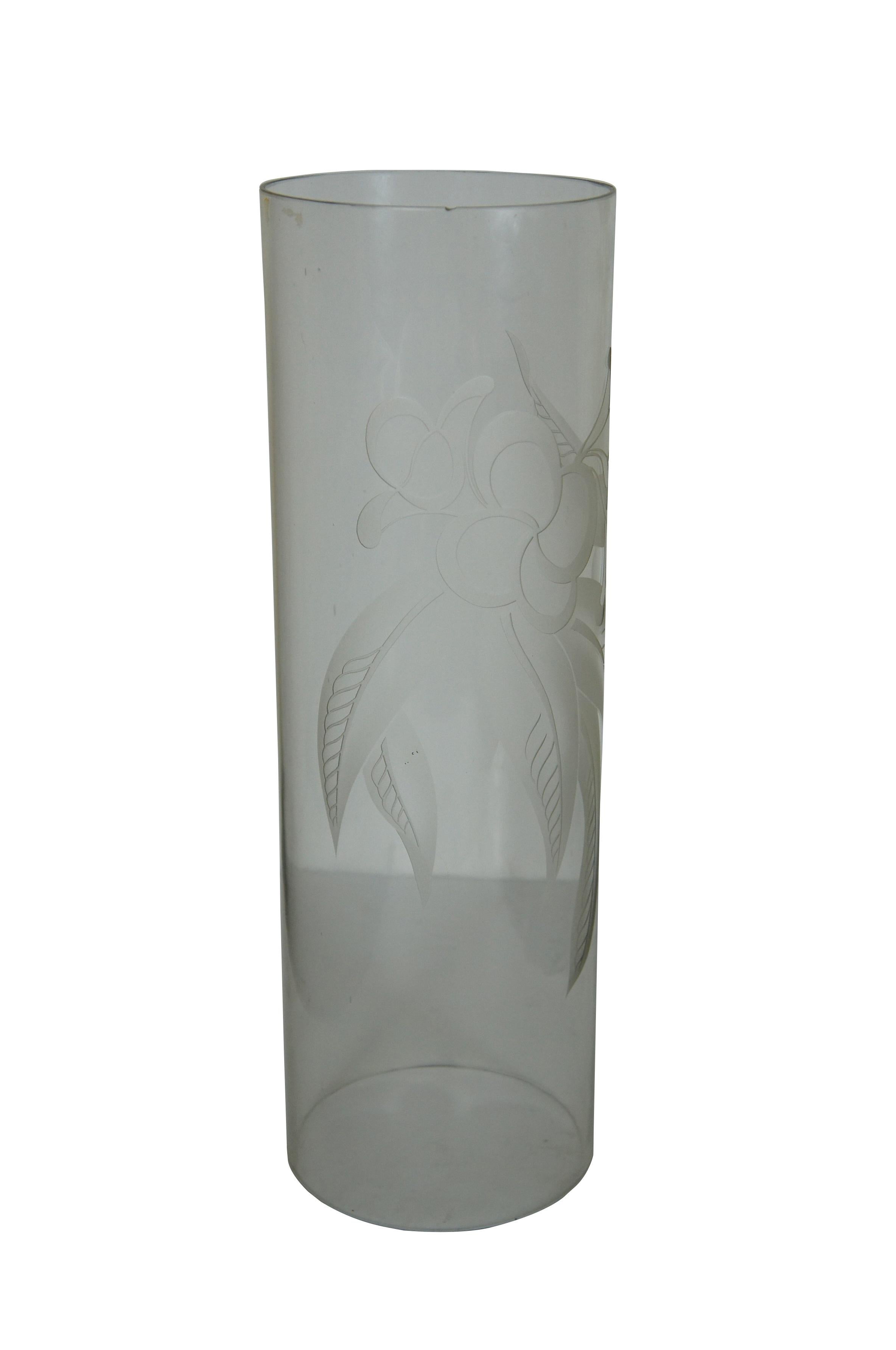 Pair of tall cylindrical vintage etched glass hurricanes / candle shades, clear glass etched with a frosted floral / berry / leaf motif.

Dimensions:

6