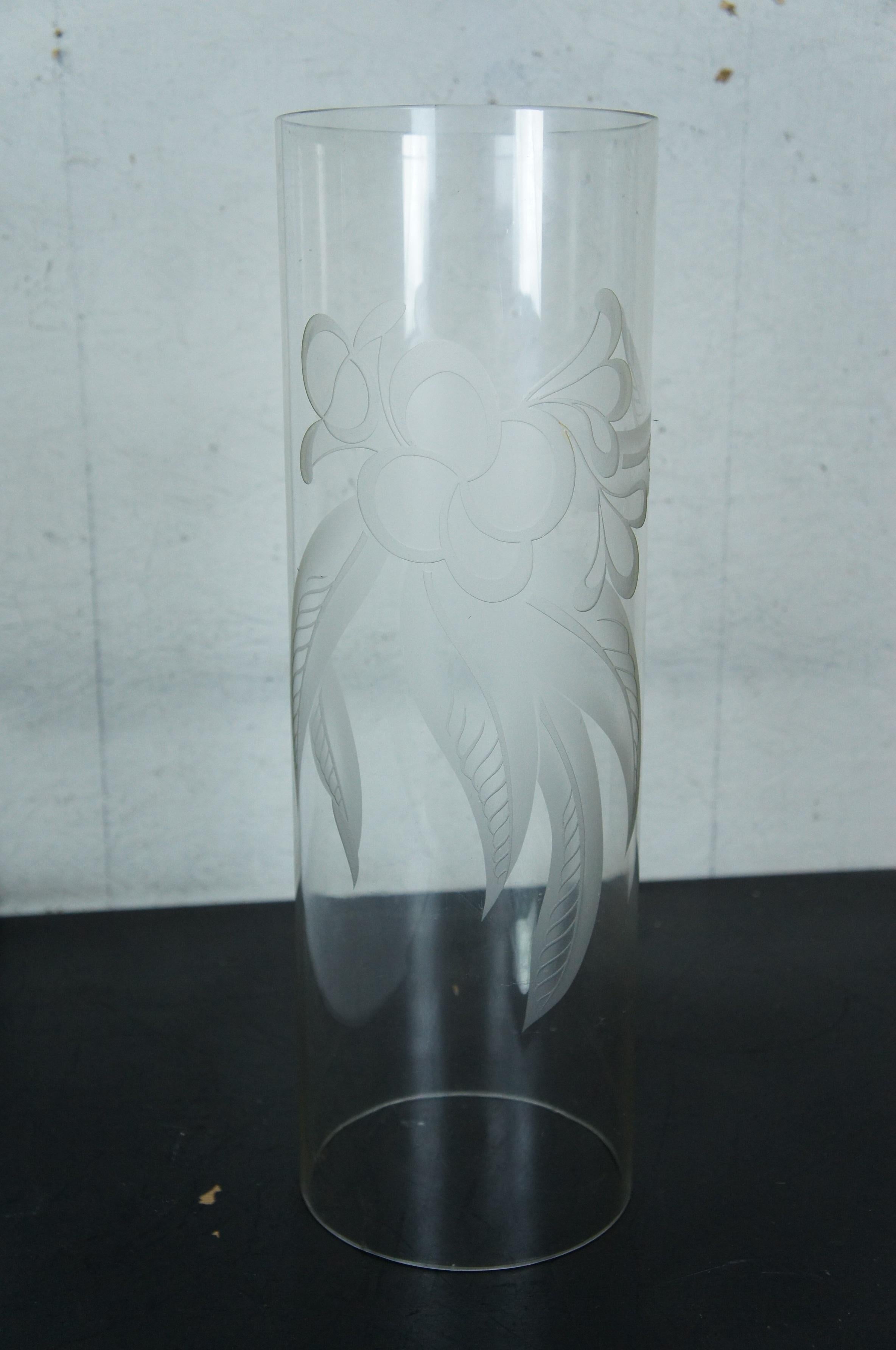 2 Large Floral Etched Tall Glass Cylinder Hurricane Candle Shades 8