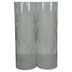 2 Large Floral Etched Tall Glass Cylinder Hurricane Candle Shades 8" x 18"