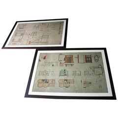 Antique 2 Large Framed Edwardian Architects Site Plan Drawings for Barnsley Hall Asylum