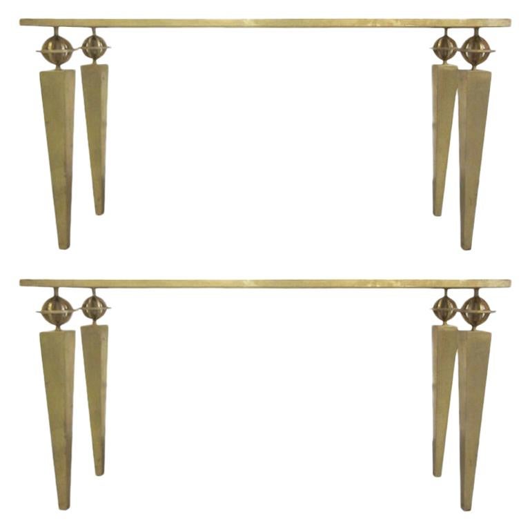 2 Custom Large French Modern Neoclassical Gilt Iron Consoles, Gilbert Poillerat For Sale