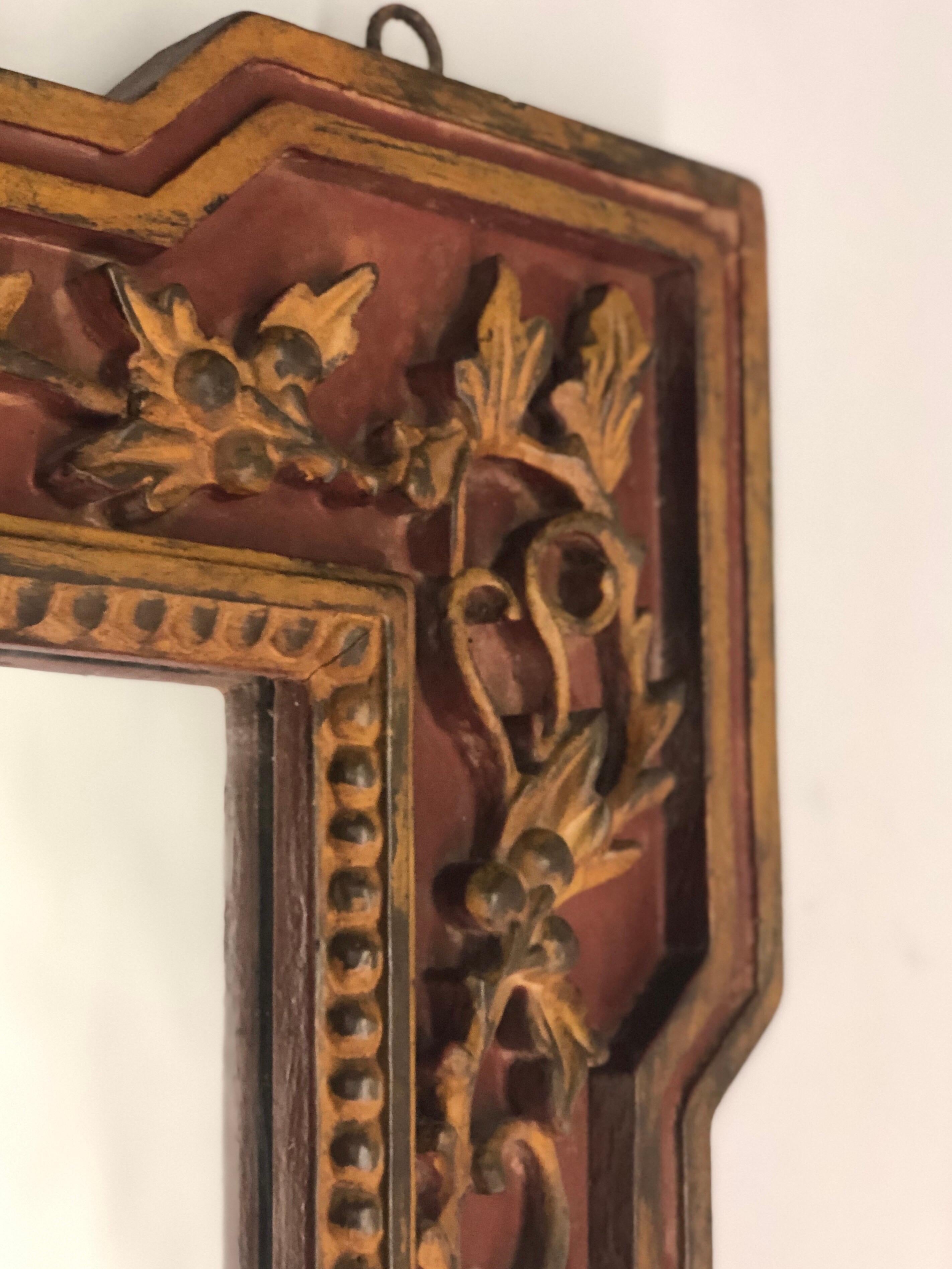 2 Large Hand Carved Chinese Late Qing Dynasty Copper Red and Ocre Wall Mirrors In Good Condition In New York, NY