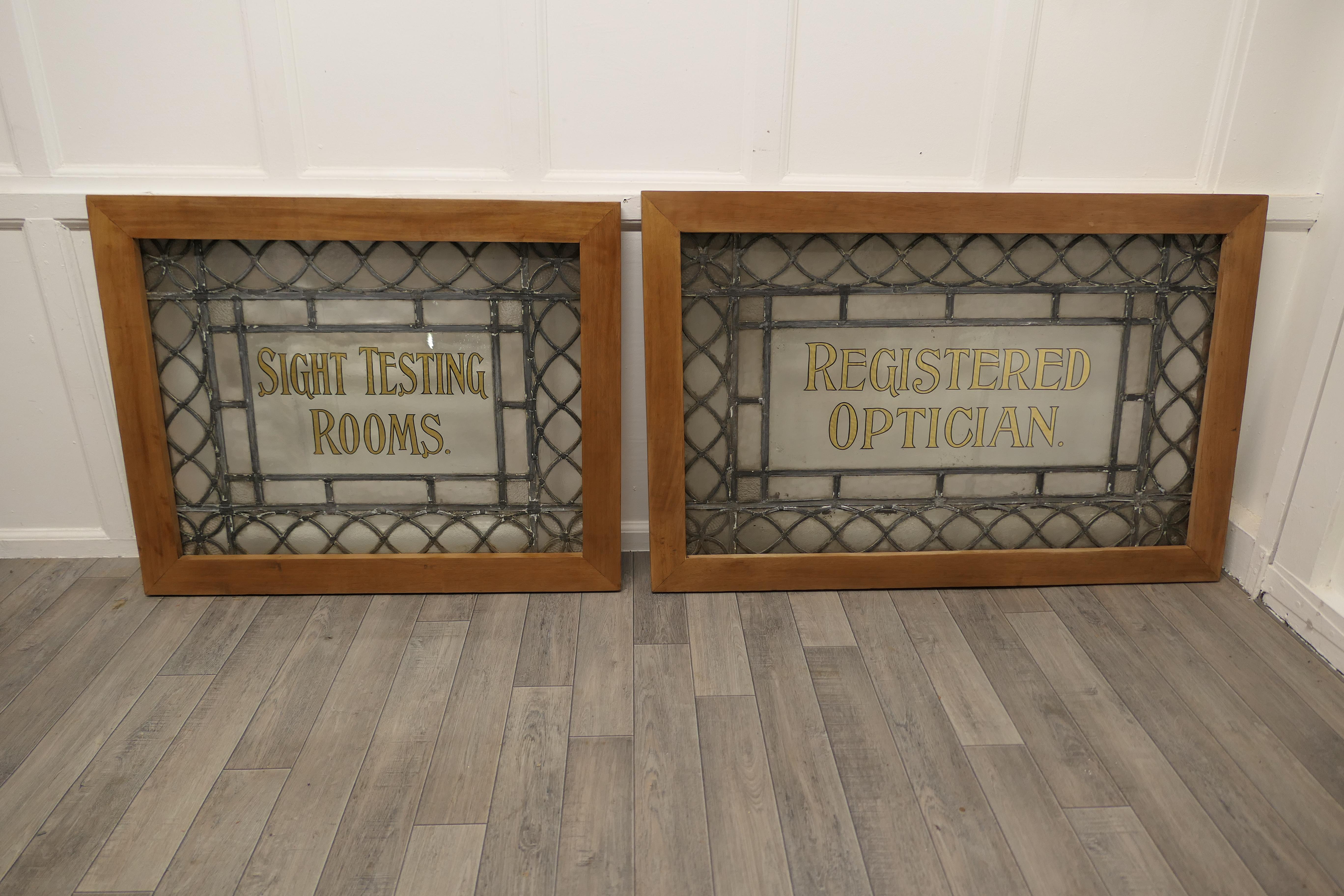 Arts and Crafts 2 Large Leaded Glass Optician’s Window Signs For Sale