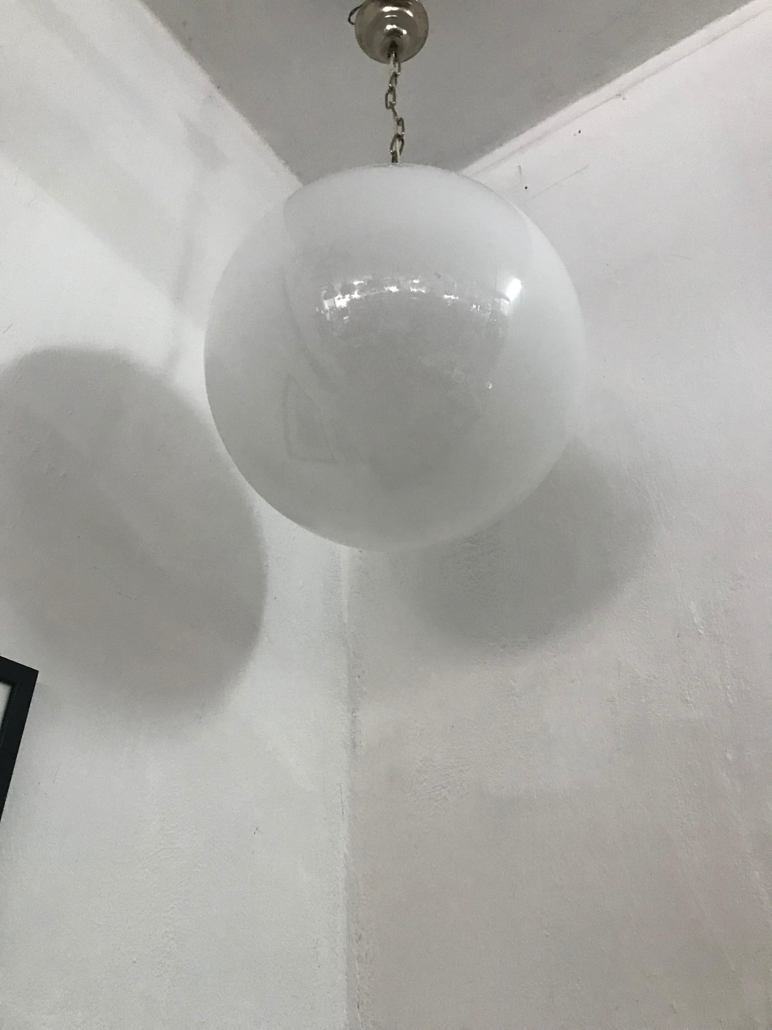 2 Large Mid-Century Modern Murano Opaline Glass Sphere Chandeliers, circa 1970 For Sale 5