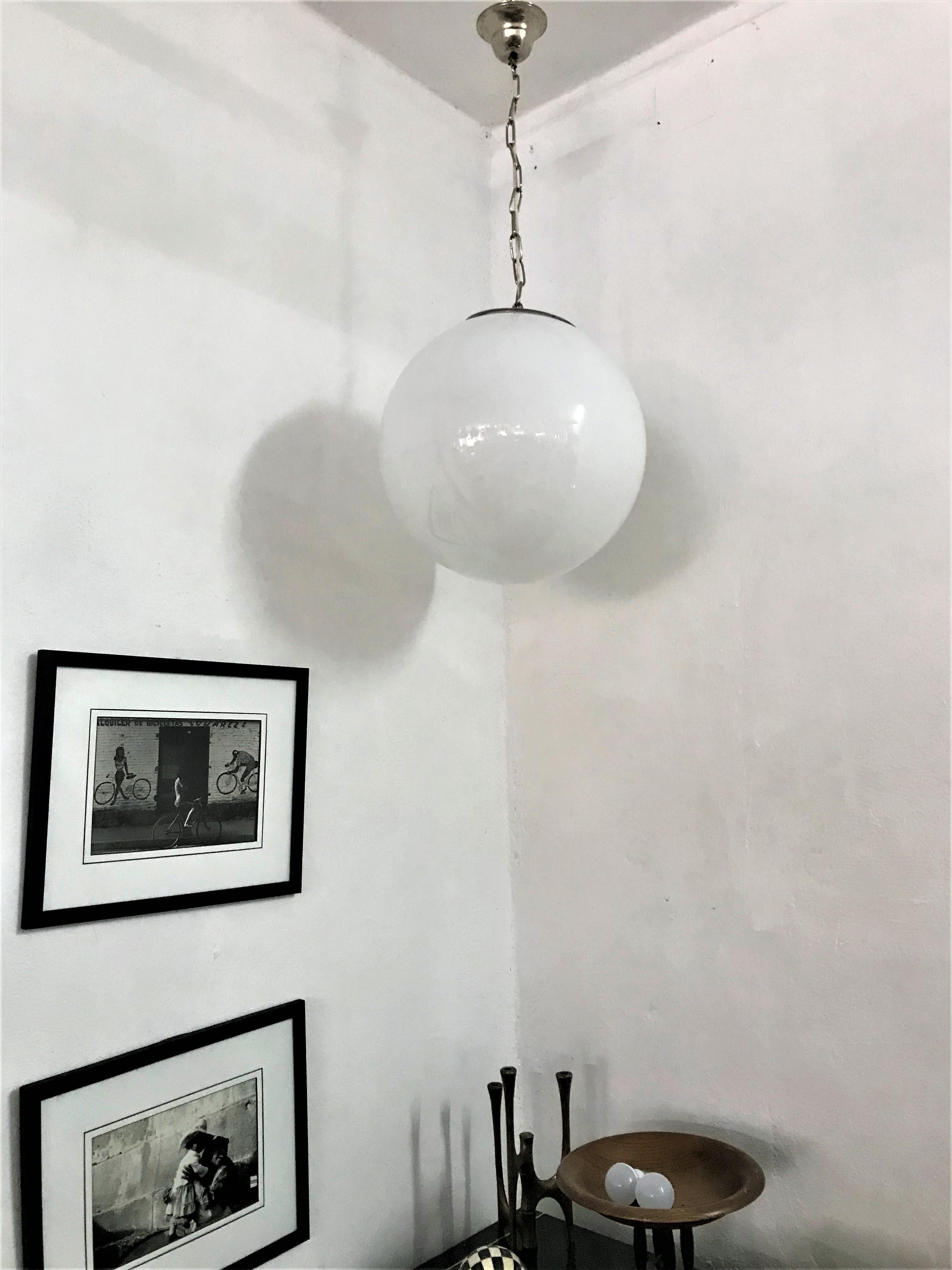 2 Large Mid-Century Modern Murano Opaline Glass Sphere Chandeliers, circa 1970 For Sale 6