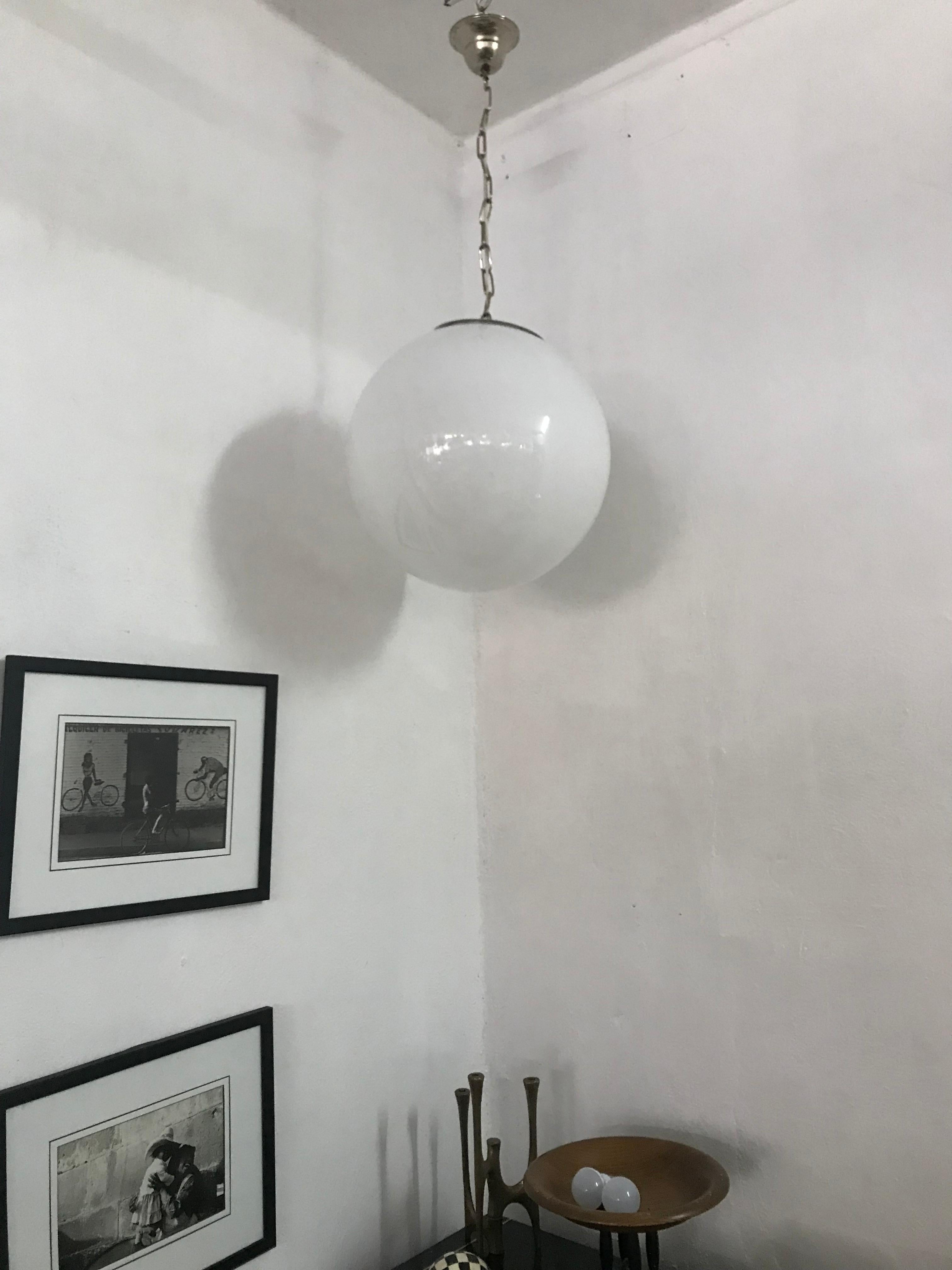 2 Large Mid-Century Modern Murano Opaline Glass Sphere Chandeliers, circa 1970 For Sale 7