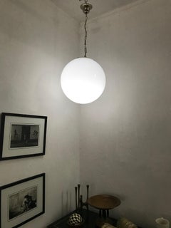 2 Large Mid-Century Modern Murano Opaline Glass Sphere Chandeliers, circa 1970