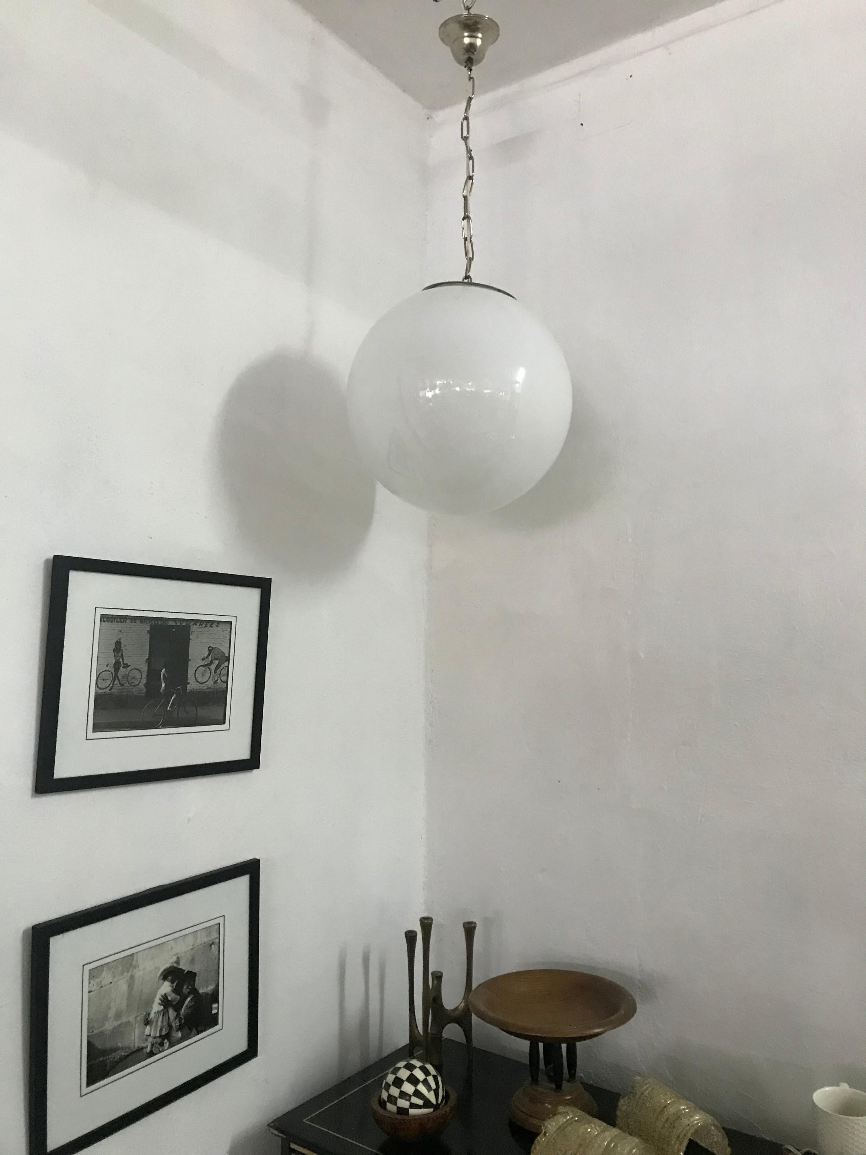 20th Century 2 Large Mid-Century Modern Murano Opaline Glass Sphere Chandeliers, circa 1970 For Sale