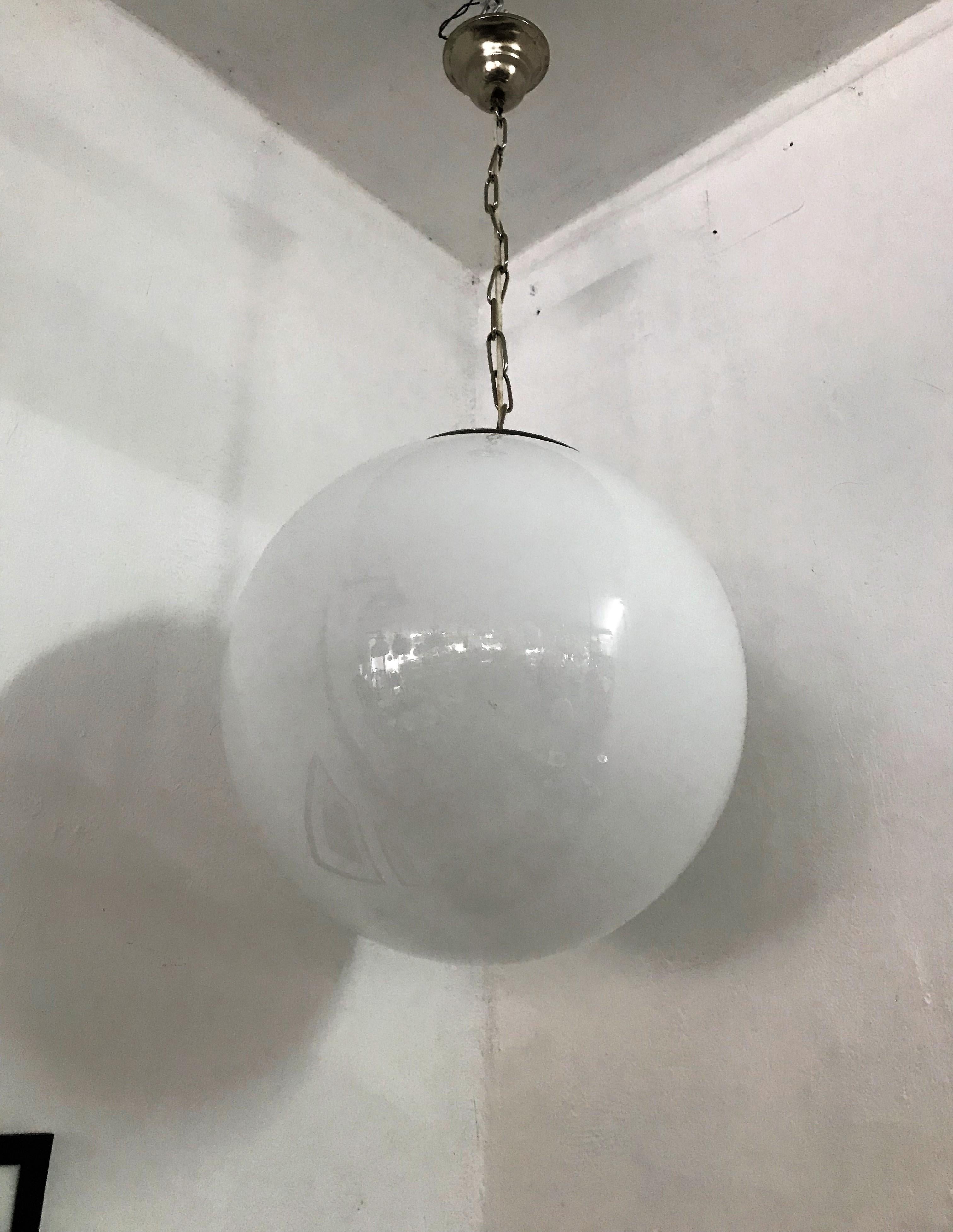 2 Large Mid-Century Modern Murano Opaline Glass Sphere Chandeliers, circa 1970 For Sale 2