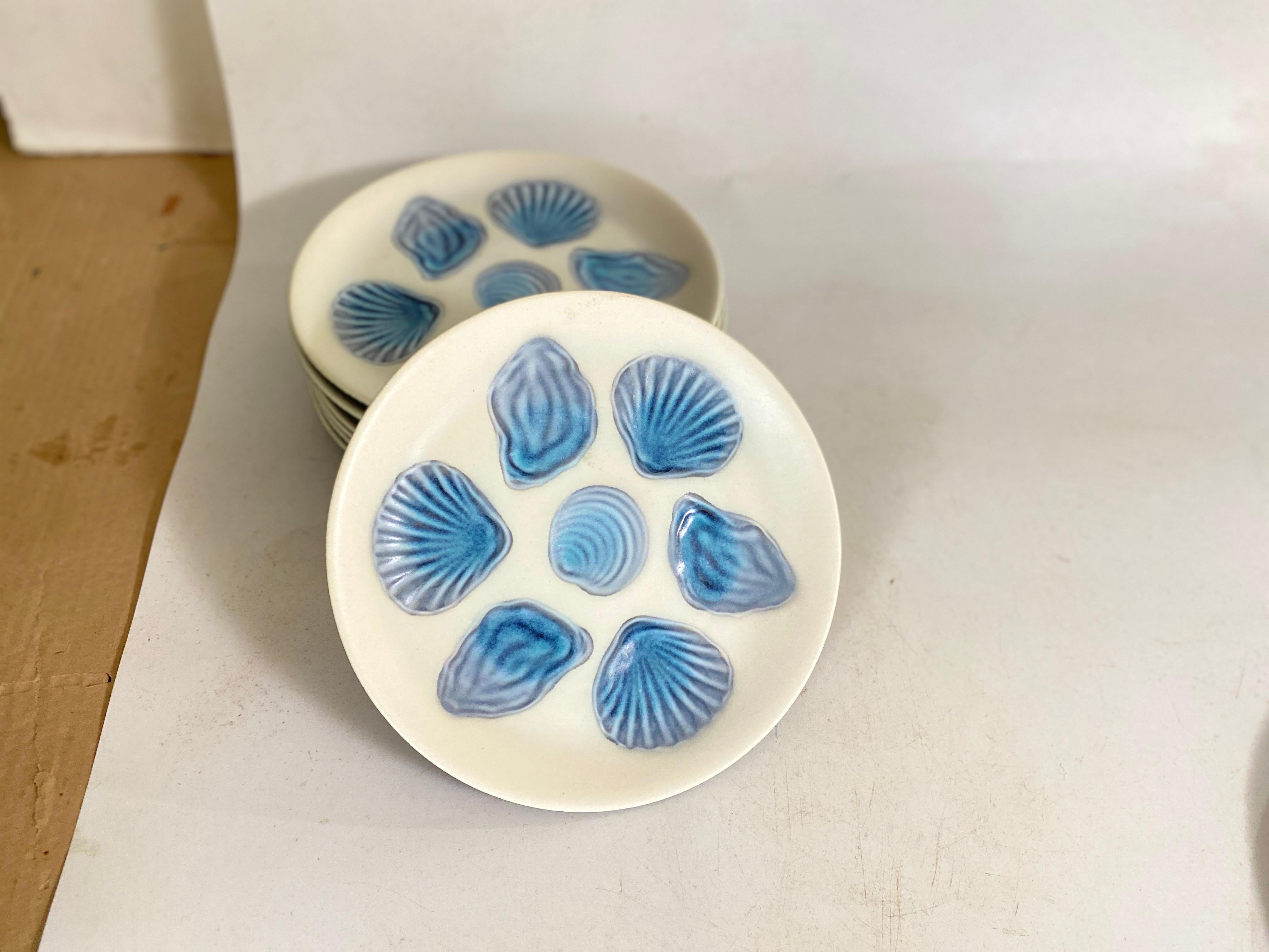 French 2 Large Oyster Plates and 6 Plates in Ceramic Blue and White France by Elchinger For Sale