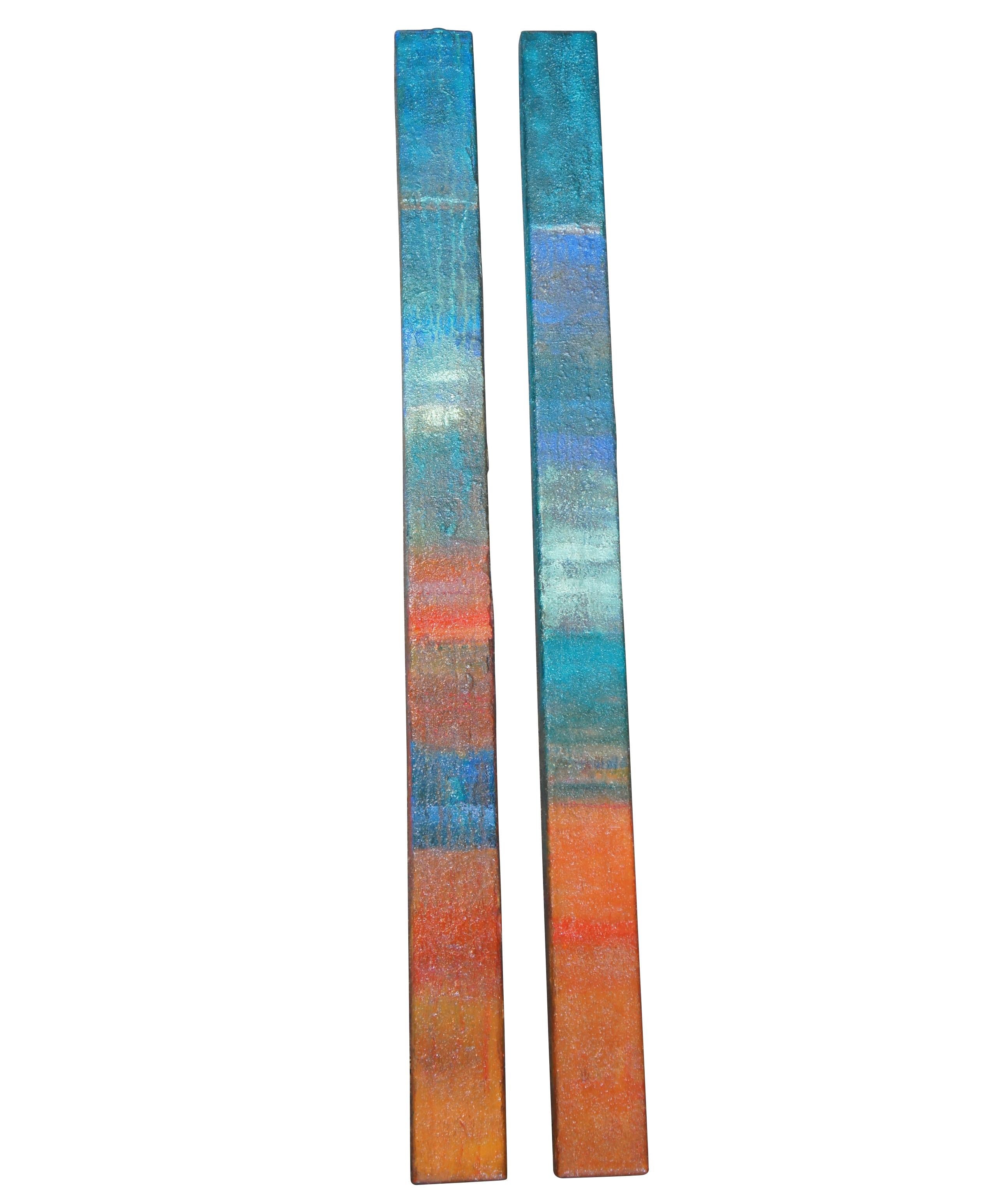 Vintage industrial mixed media abstract / modern diptych wall art sculptures. Made of heavy gauge metal / iron and bent into rectangular columns or bars that can be displayed vertically or horizontally. Features a blue turquoise painted ground with