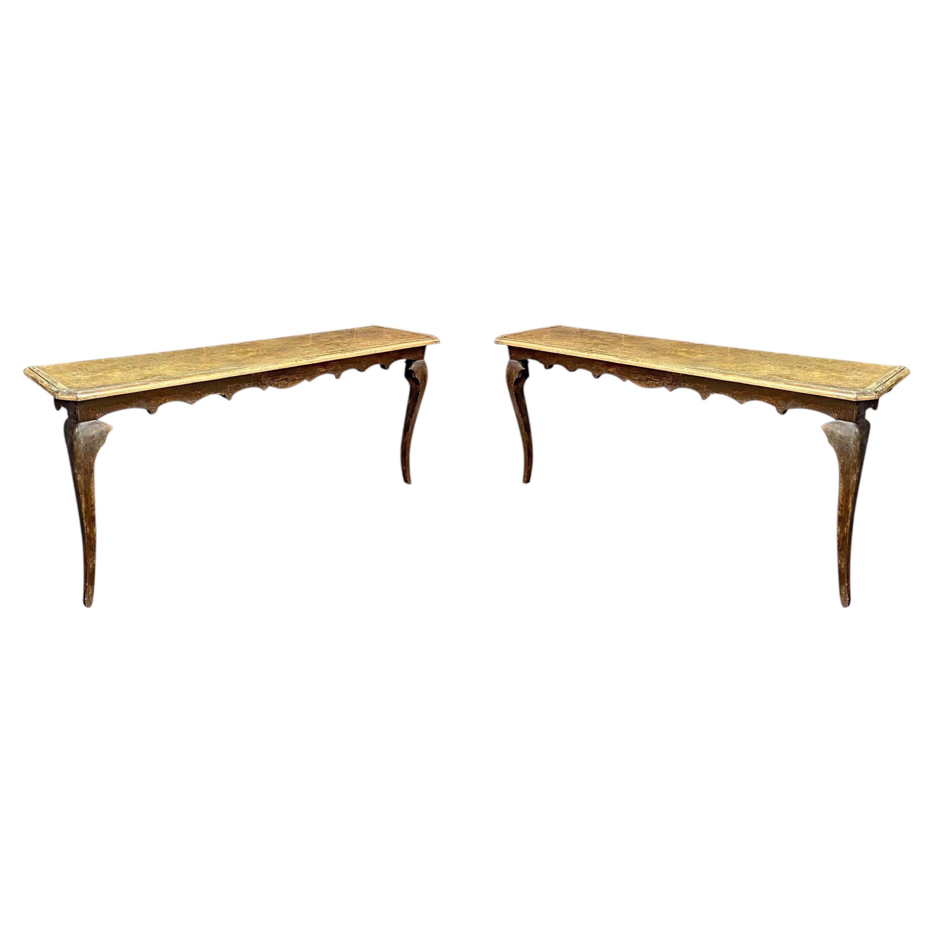 2 large patinated wooden consoles in neo-classic style For Sale