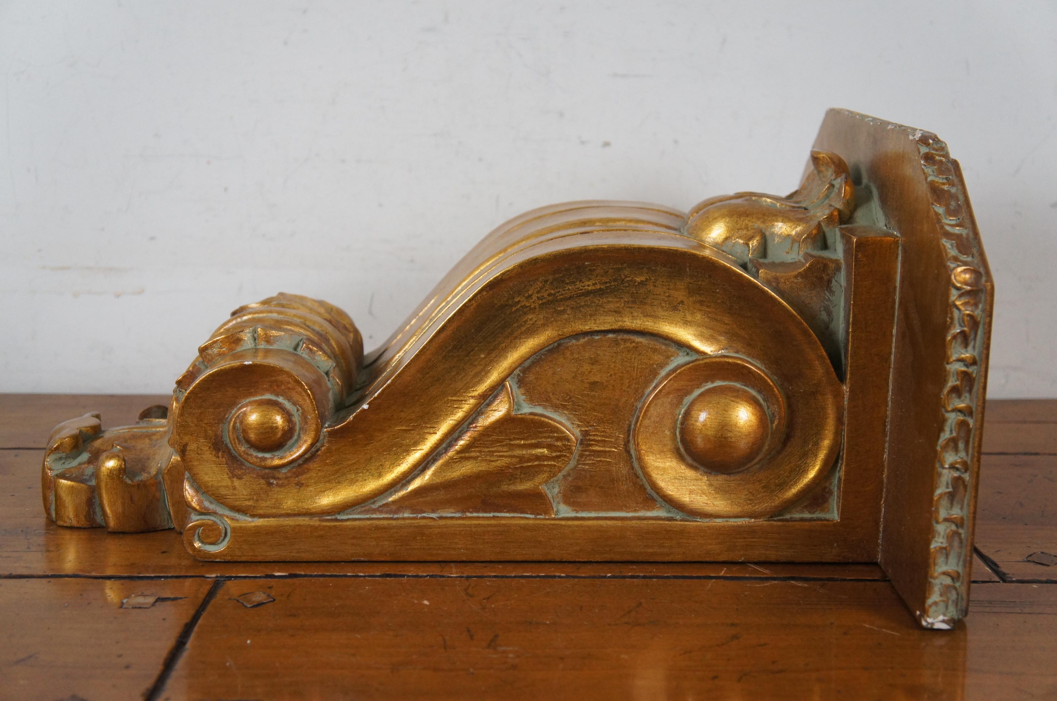 20th Century 2 Large Scrolled Acanthus Gold Gilt Wood Corbel Wall Bracket Sconce Shelves 20