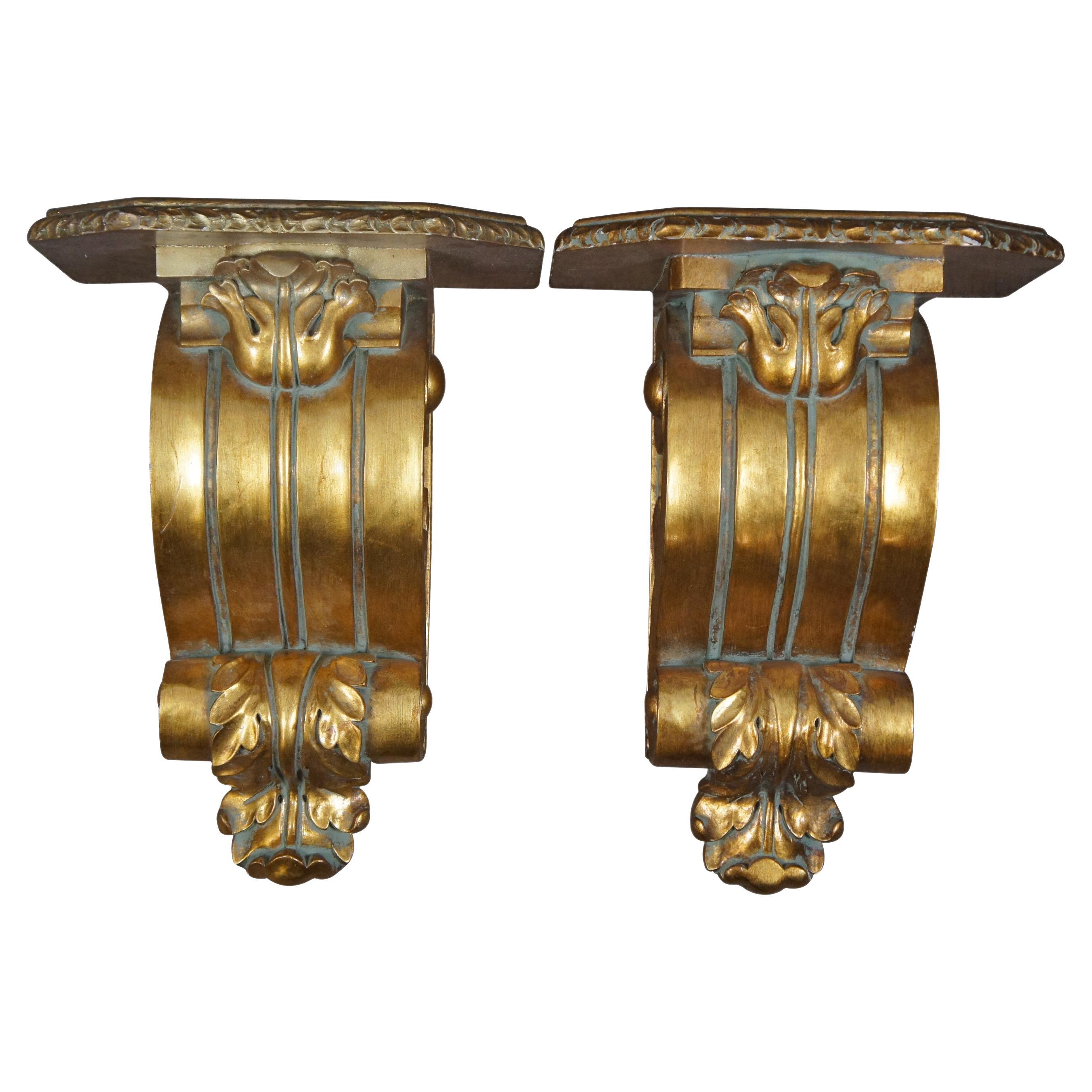 2 Large Scrolled Acanthus Gold Gilt Wood Corbel Wall Bracket Sconce Shelves 20" For Sale