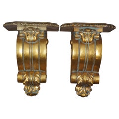 Vintage 2 Large Scrolled Acanthus Gold Gilt Wood Corbel Wall Bracket Sconce Shelves 20"