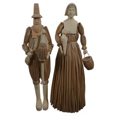 2 Large Thanksgiving Pilgrim Wood Corn Husk Doll Statues Sculptures 36"
