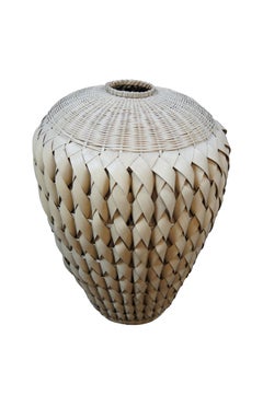 2 Grandi vasi da terra in vimini e rattan intrecciati con palme, vintage, 22".