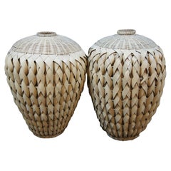 2 Large Vintage Boho Woven Palm Wicker Rattan Basket Urns Floor Vase 22"