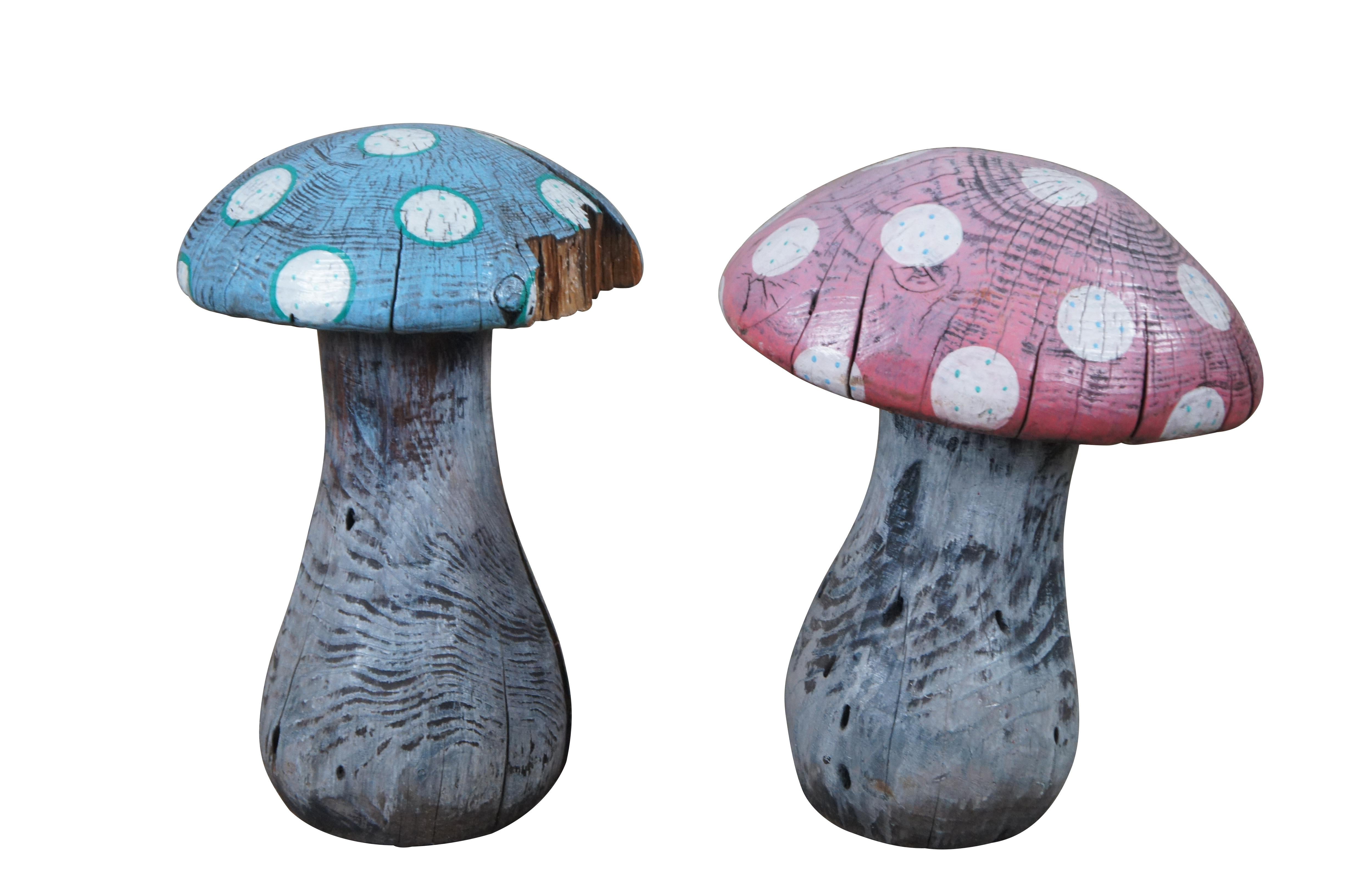 2 carved and painted mushrooms sculptures by JD.  Signed along underside. 

Dimensions:
15