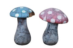 2 Folk Art Carved & Painted Wood Mushroom Sculptures by JD 19"