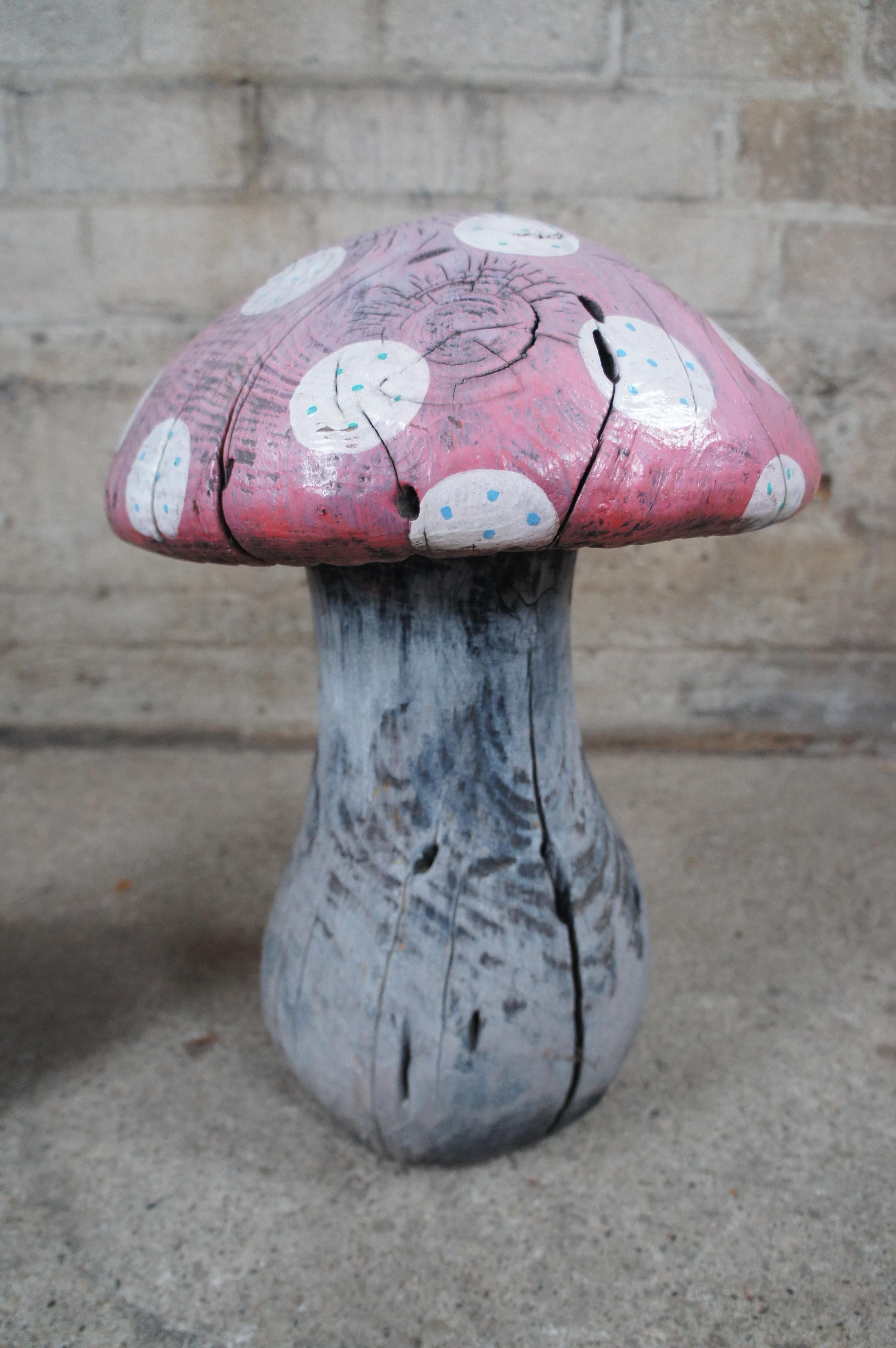2 Large Vintage Hardwood Sculptural Carved & Painted Mushrooms by JD 19