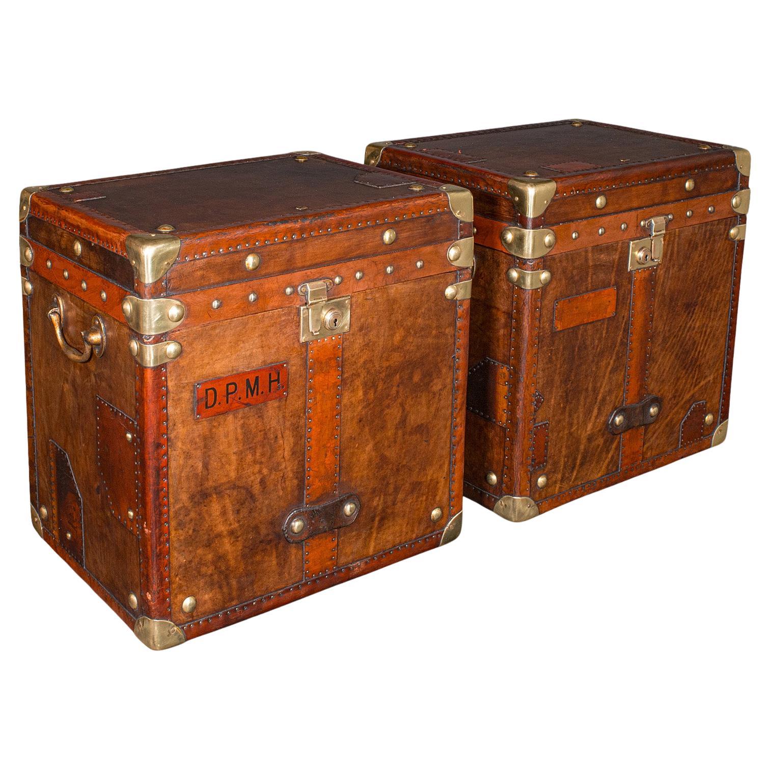 2 Late Vintage Campaign Luggage Cases, English, Leather, Nightstand, Bedside