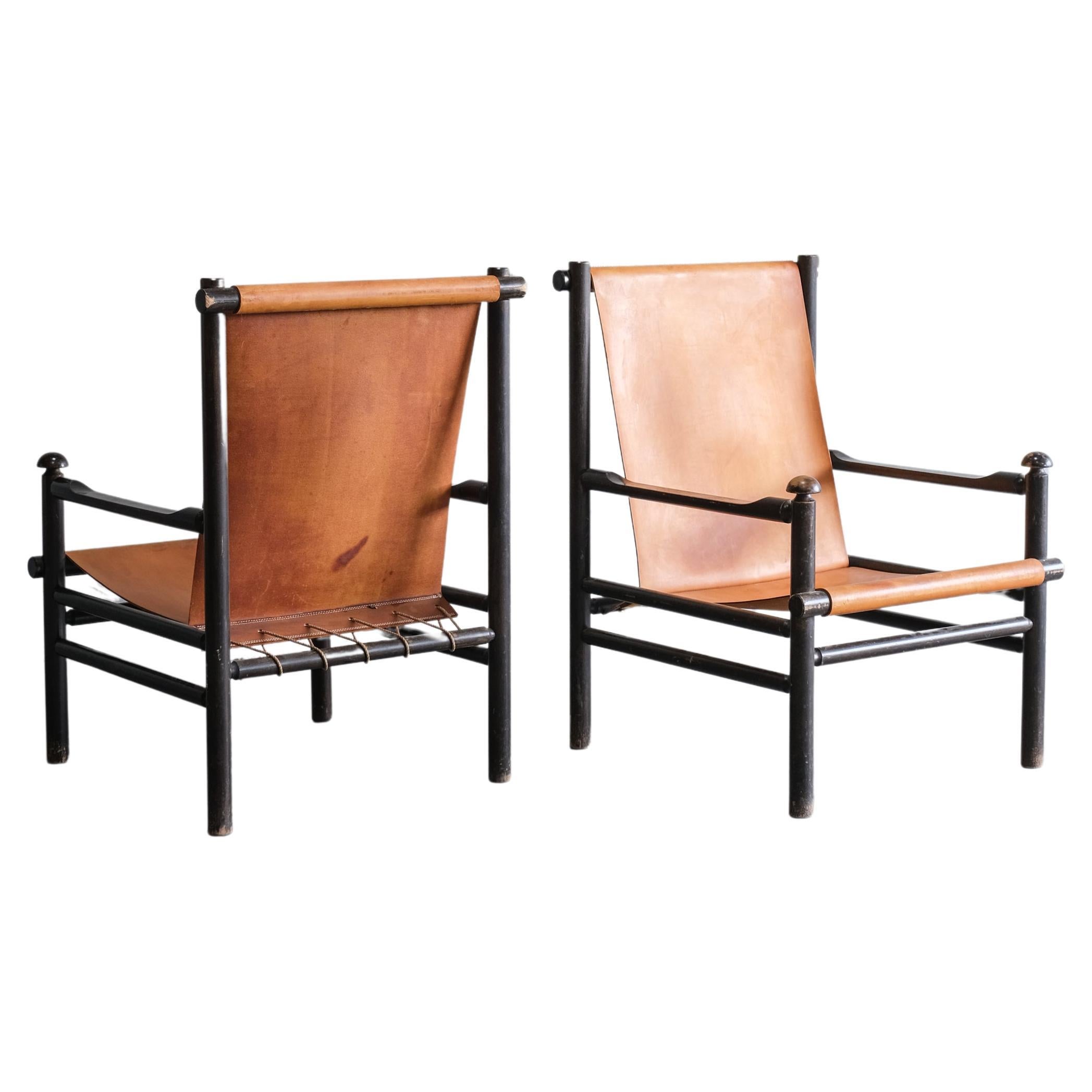 2 Leather Lounge Chairs, Italy, 1970 For Sale