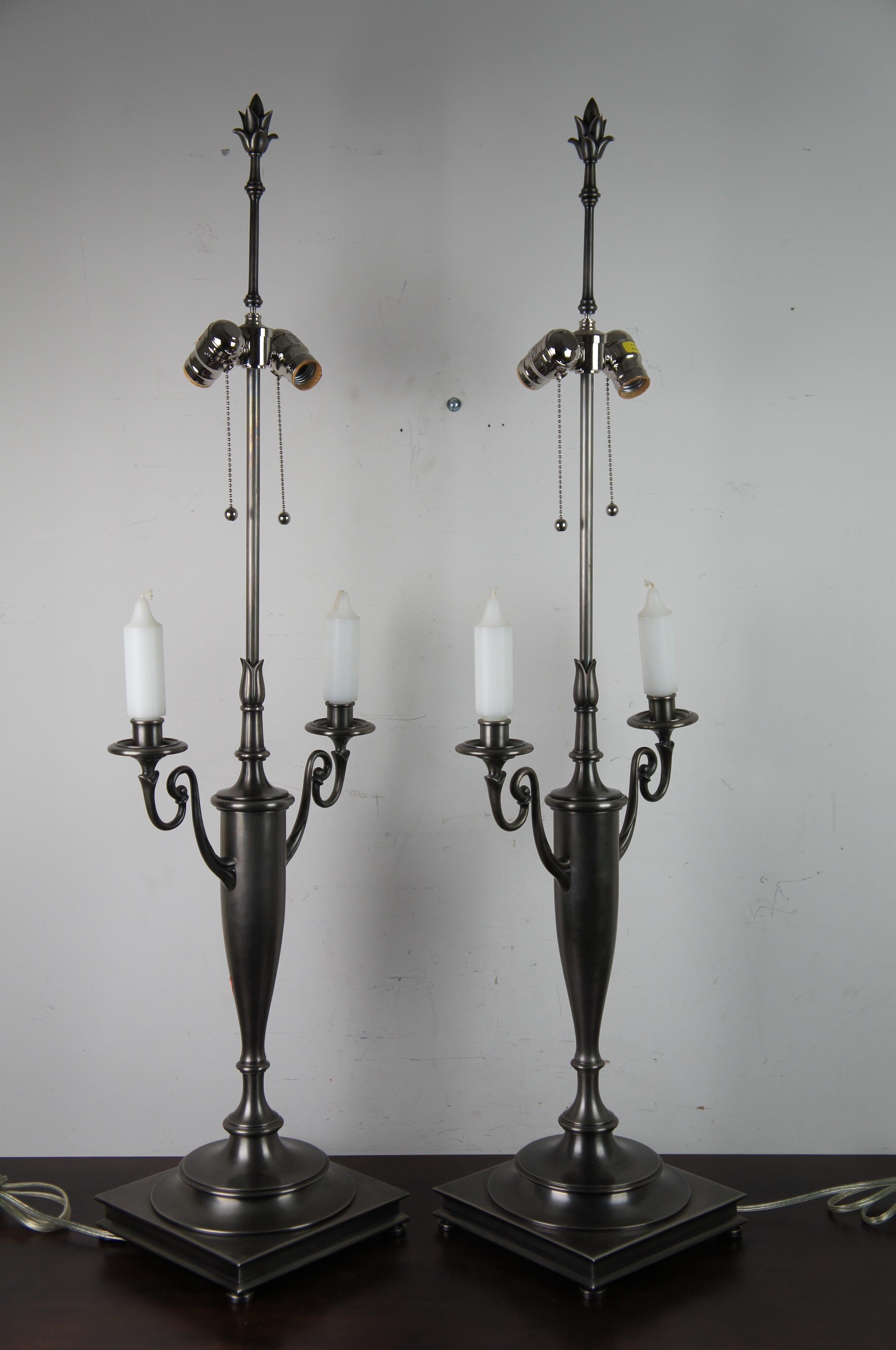 2 Lg Chapman Double Arm Candleholder Bouillotte Candelabra Lamps Nickel Pewter In Good Condition In Dayton, OH