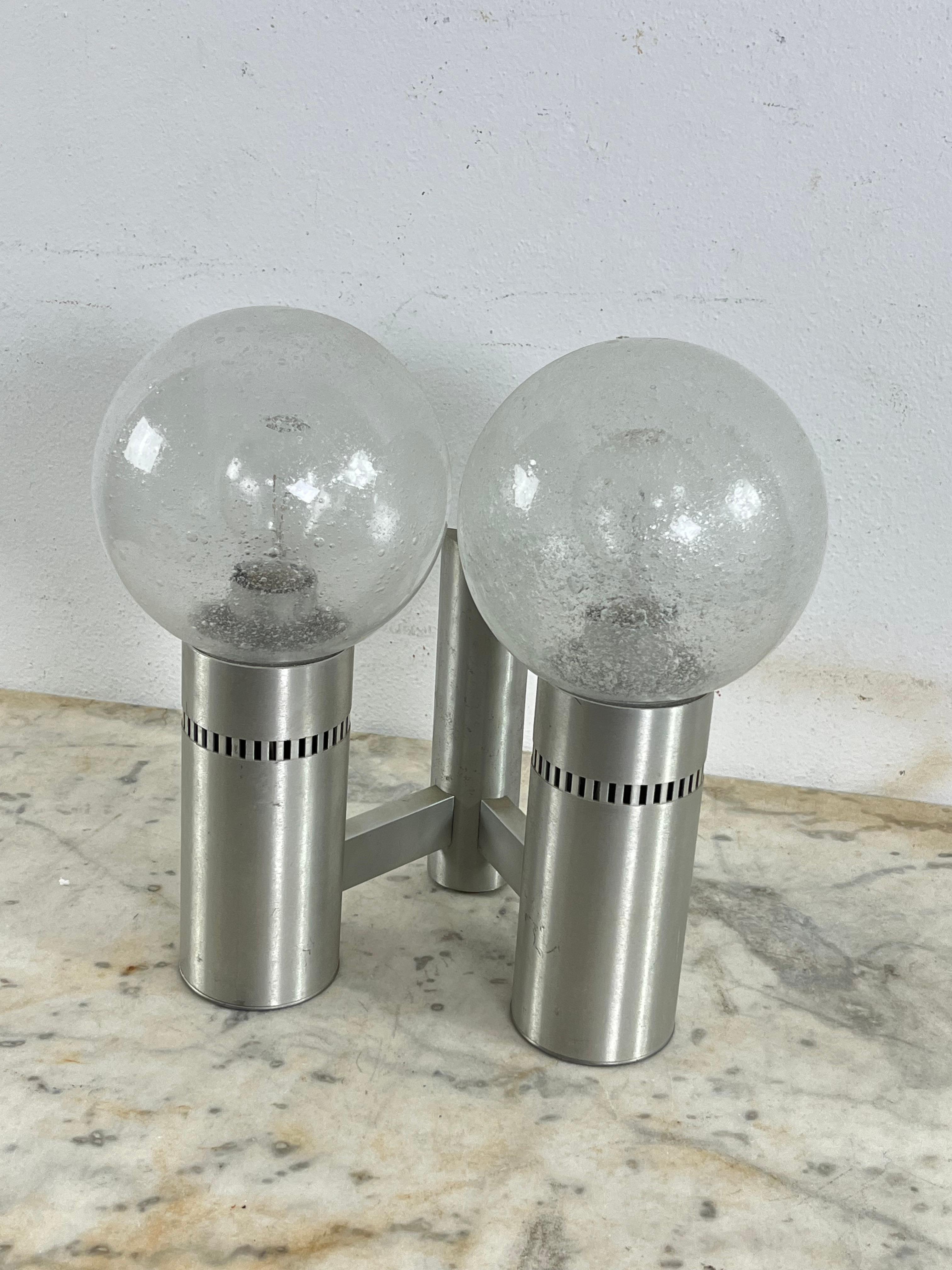 Italian 2-Light Brushed Steel And Glass Wall Lamp, Made in Italy 1970s For Sale