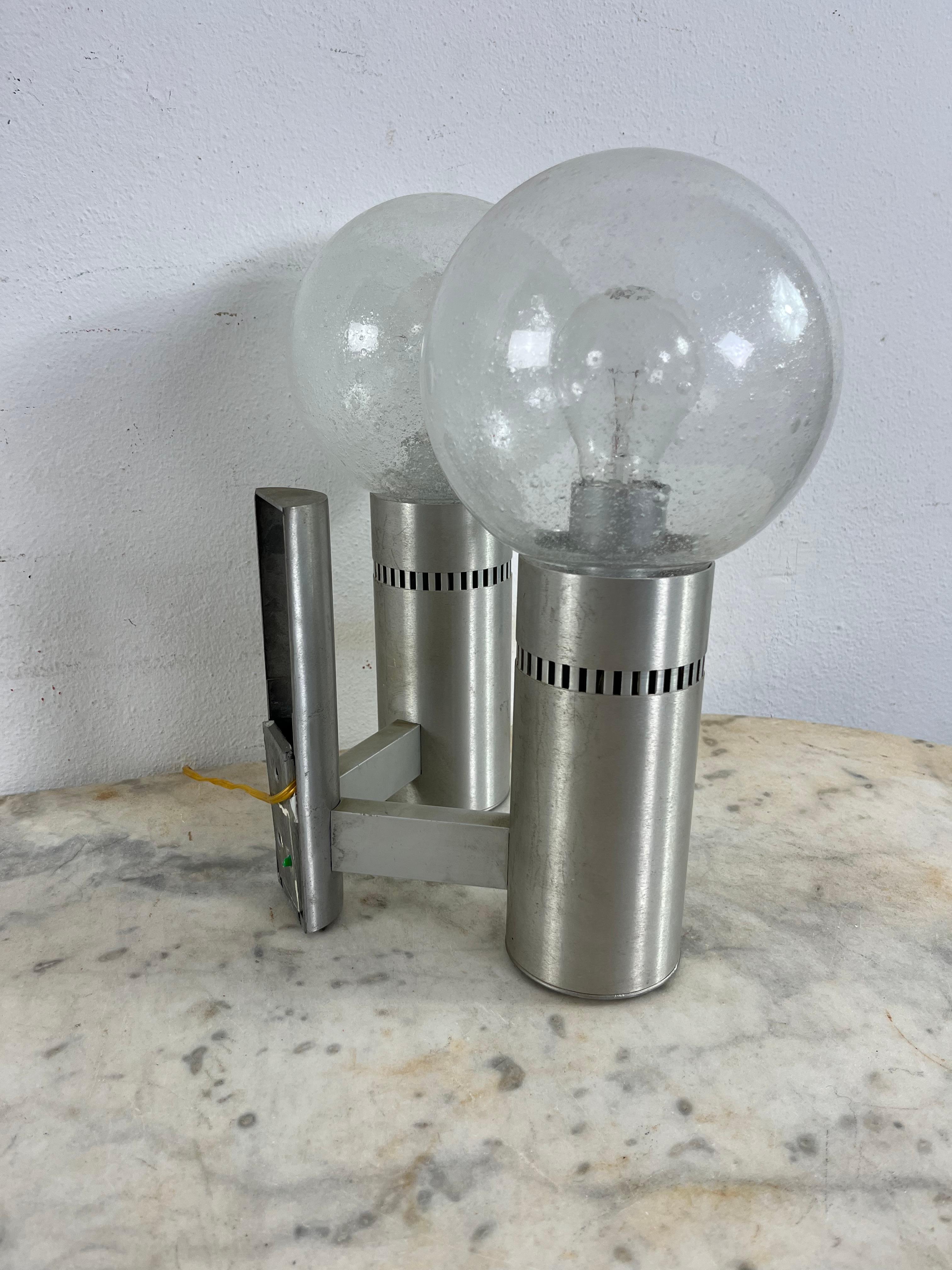 2-Light Brushed Steel And Glass Wall Lamp, Made in Italy 1970s For Sale 1