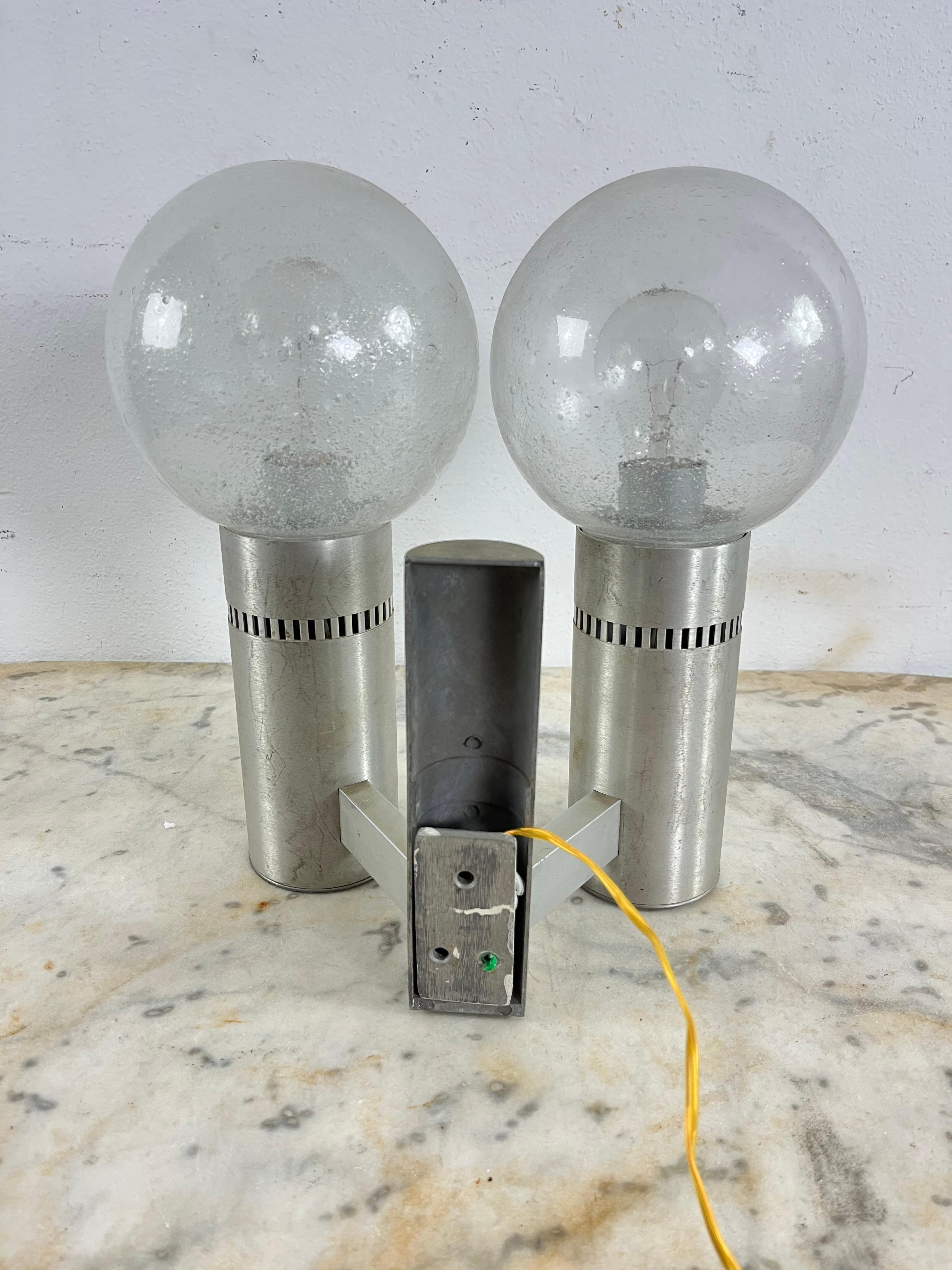 2-Light Brushed Steel And Glass Wall Lamp, Made in Italy 1970s For Sale 2