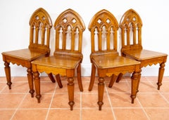 2 Light Golden Oak Dining Side Hall Chairs Gothic Steeple Back Antique Pugin