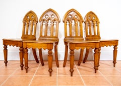2 Light Golden Oak Dining Side Hall Chairs Gothic Steeple Back Antique Pugin