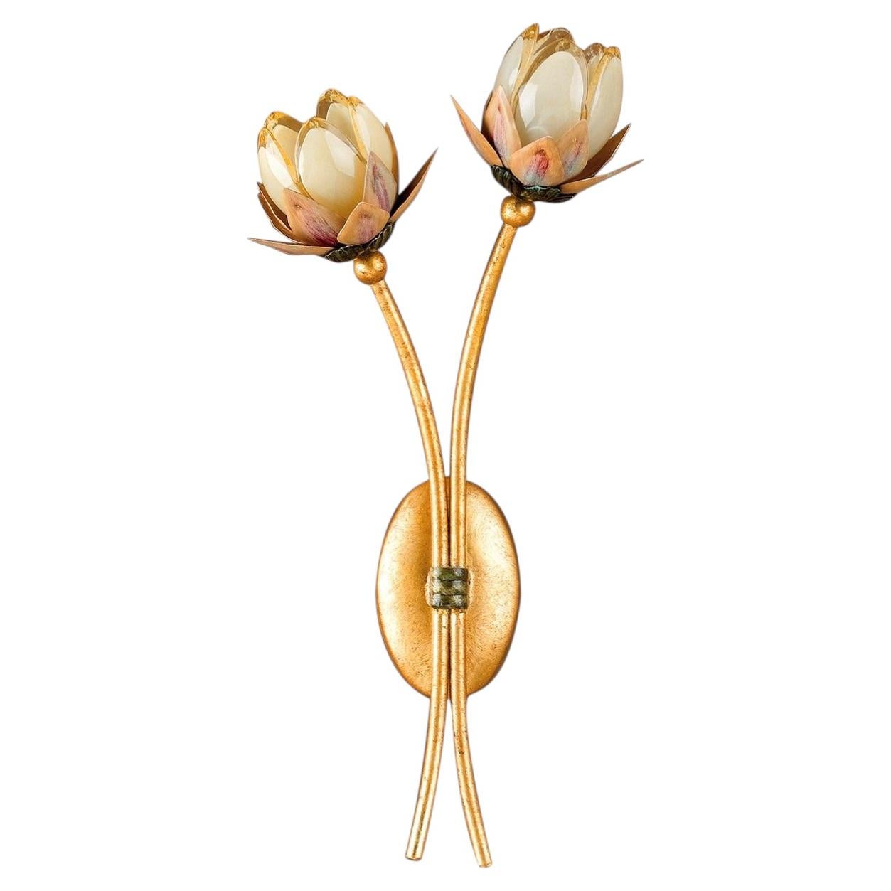 2-Light Tulip Gold Leaf Metal Wall Sconce