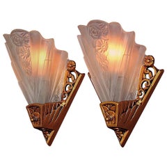 2 Lightolier Art Deco Bungalow Wall Sconces with Vintage Slip Shades