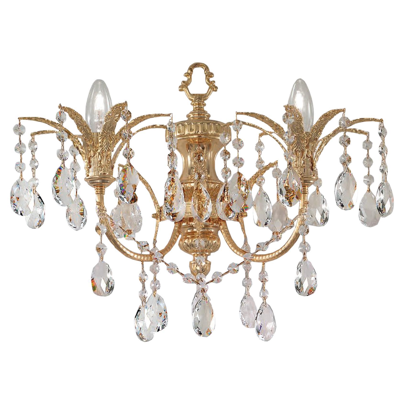 2 Lights Wall Sconce in 24kt Plated Finish with Crystal Pendants by Modenese For Sale