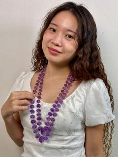 2 Line Amethyst Beads Carved Cts 1350 Pearl Emerald Necklace
