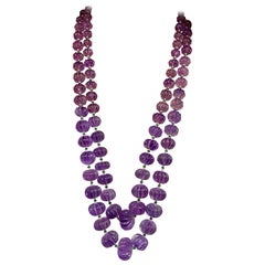 Collier 2 lignes Améthyste perles sculptées Cts 1350 Perle Emeraude