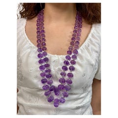 2 Line Amethyst Beads Carved Cts 1350 Pearl Emerald Necklace