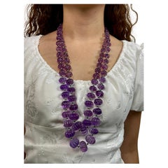2 Line Amethyst Beads Carved Cts 1421 Pearl Emerald Necklace