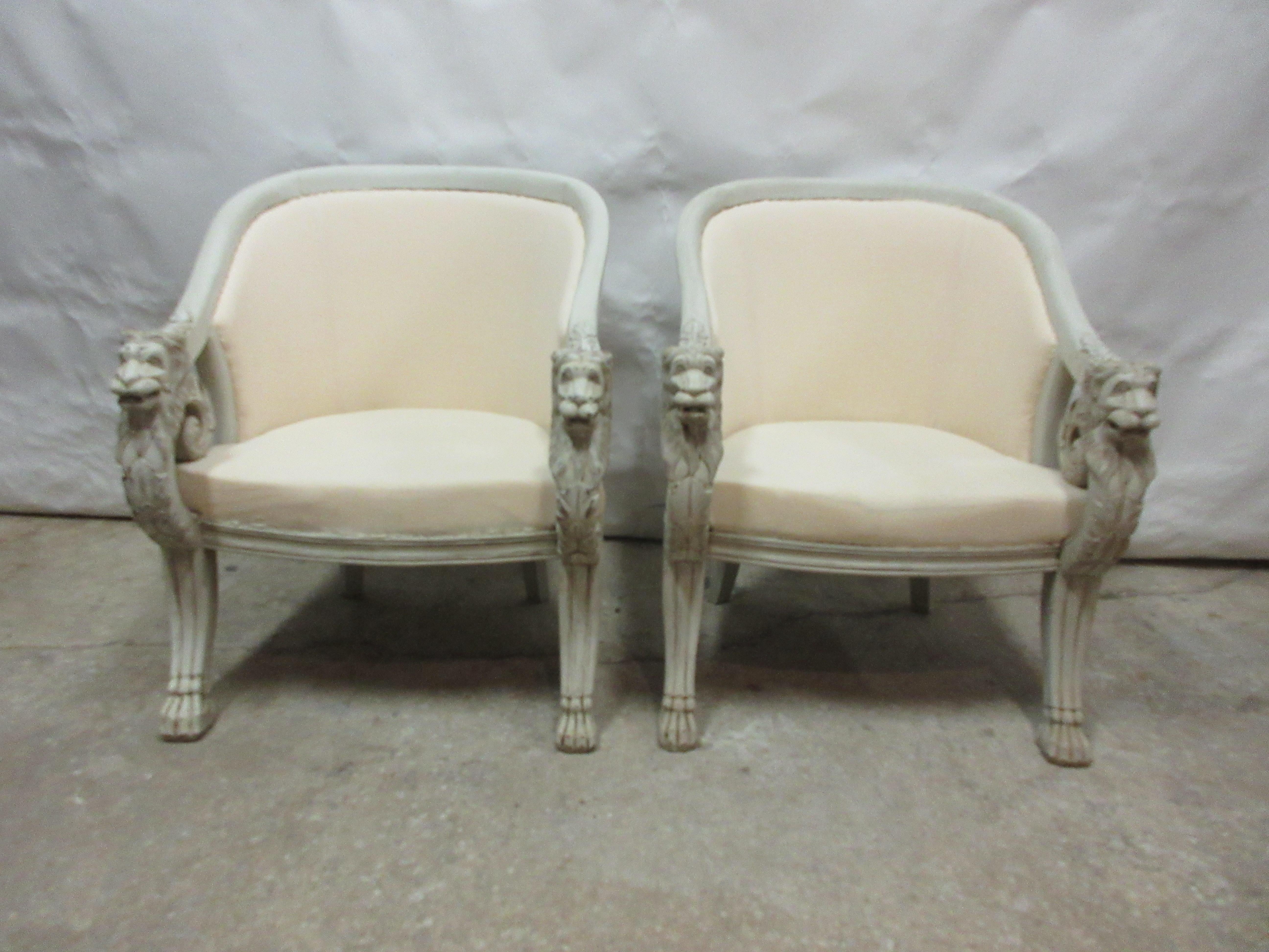 This is a unique set of 2 Lions head berger chairs, they have been restored and repainted with Milk Paints 